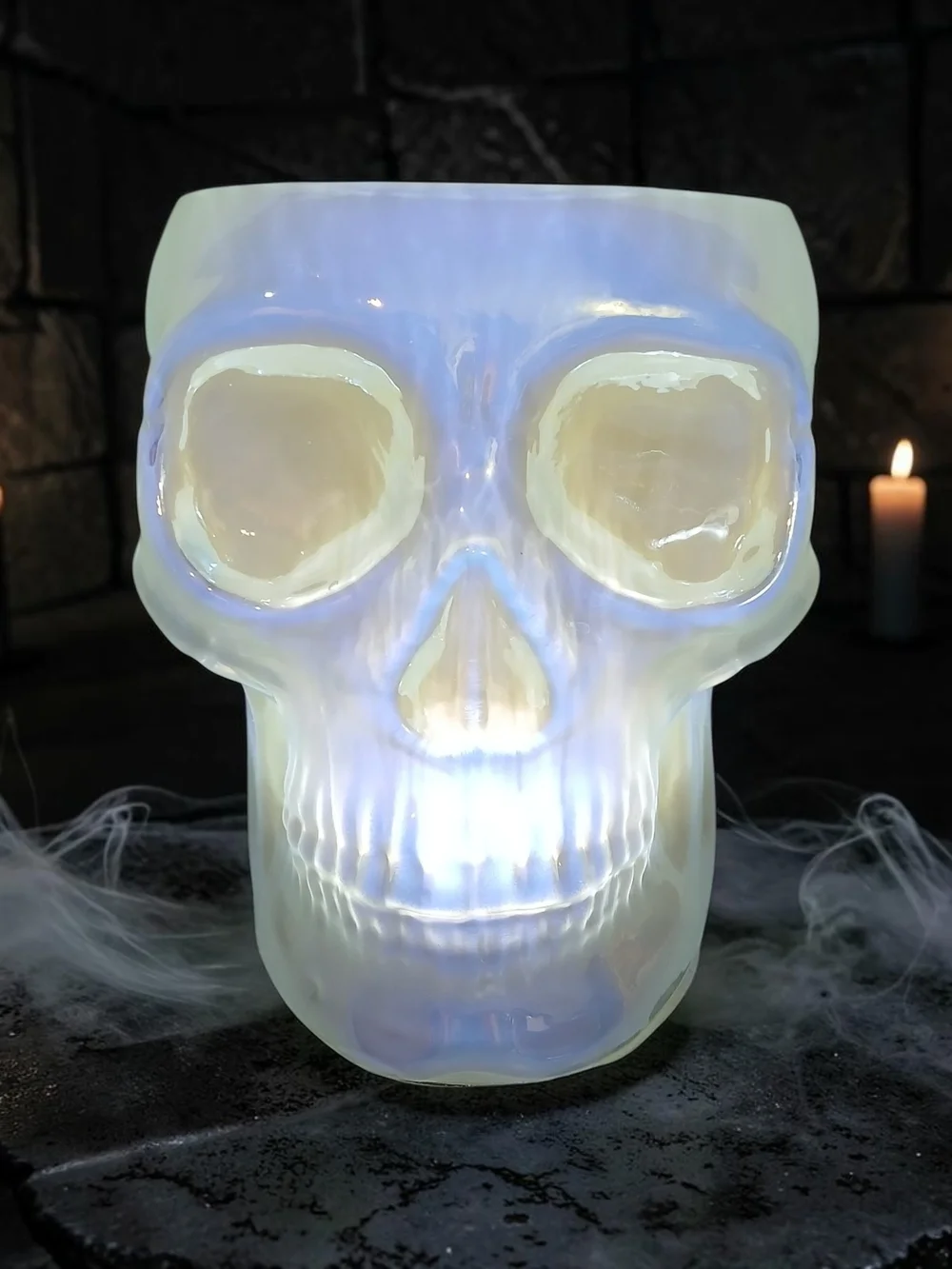Iridescent White Skull Decorative Candle Holder With LED Accent